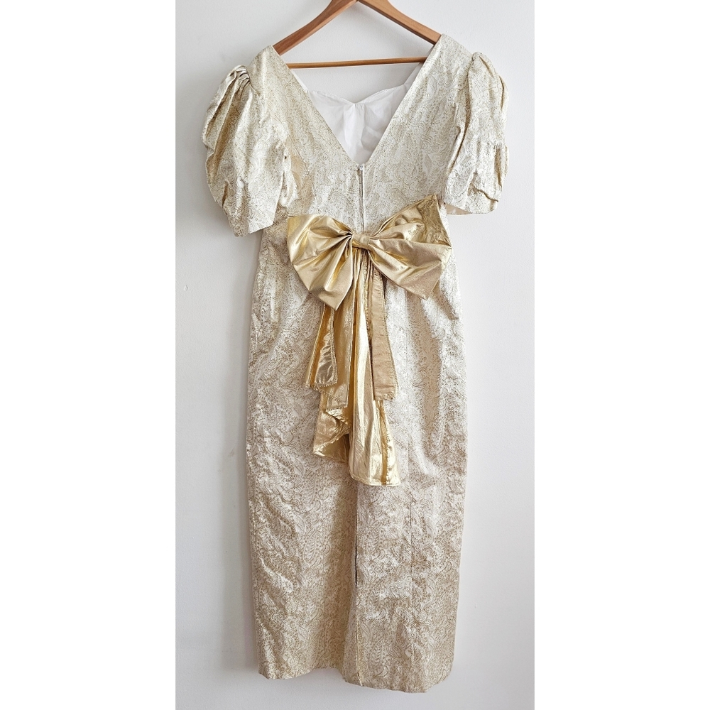 Vintage 80s Handmade Gold Brocade Cocktail Dress Puff Sleeve Statement Bow Back